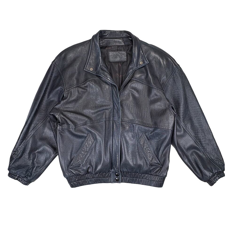 Etienne Aigner VTG Leather Bomber Jacket Womens 14 Black Croc Embossed 80s 90s